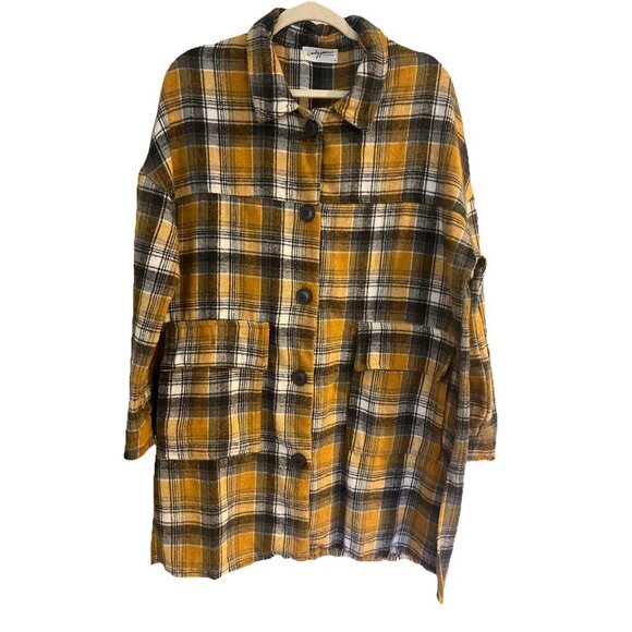 Carly Jean Mustard Yellow&gray Flannel Shacket Women’s Sz M Fringe Hem - Picture 1 of 12